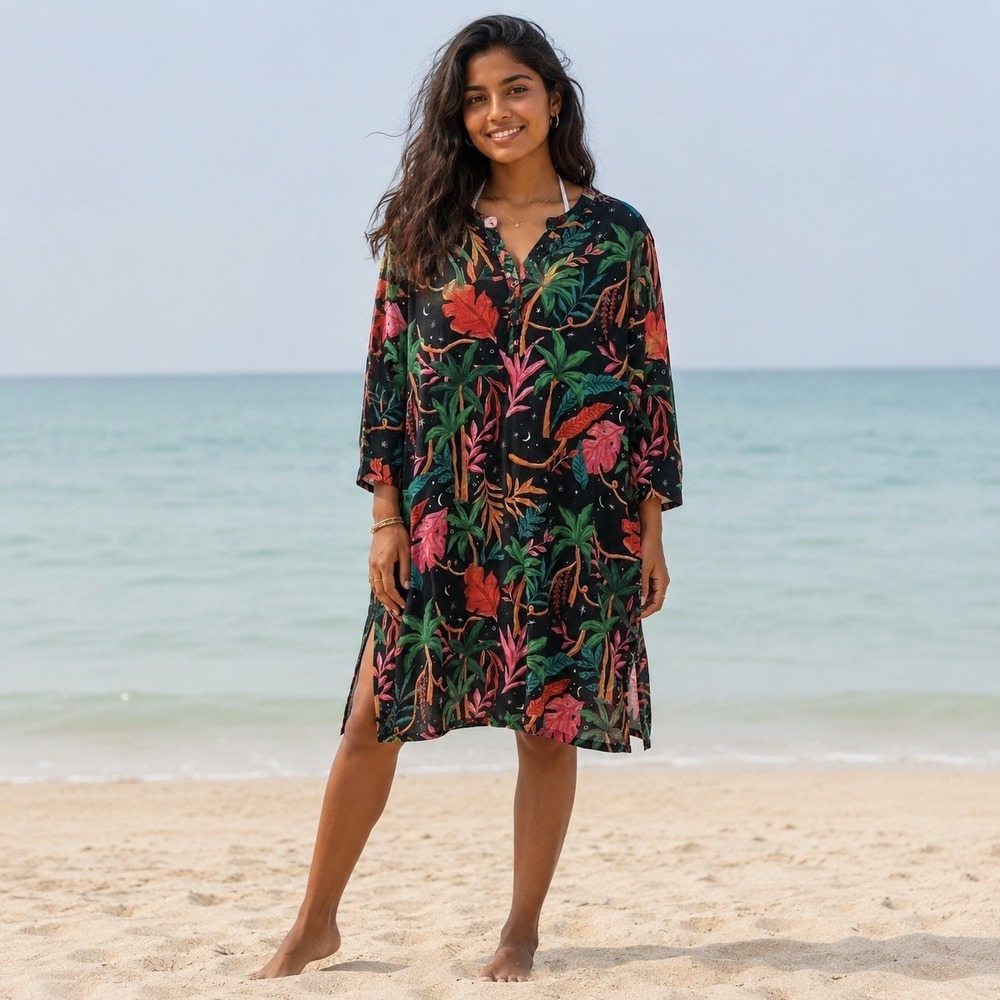 Ethnc Large Black Multicolor Floral Cotton Viscose Beach Cover Up Tunic Shirt